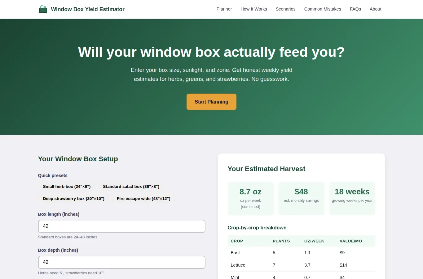 Screenshot of Window Box Yield Estimator interface showing the project page in use